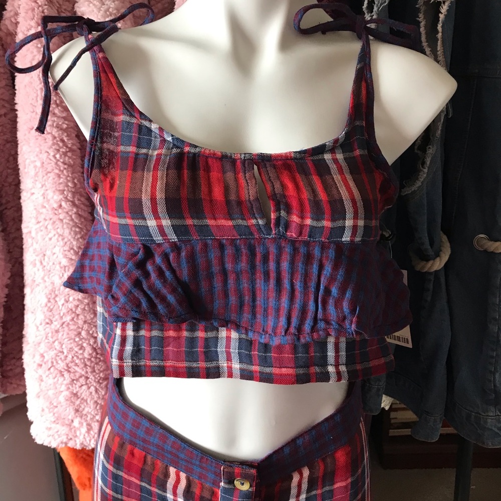 Plaid Tie-Shoulder Cropped Top